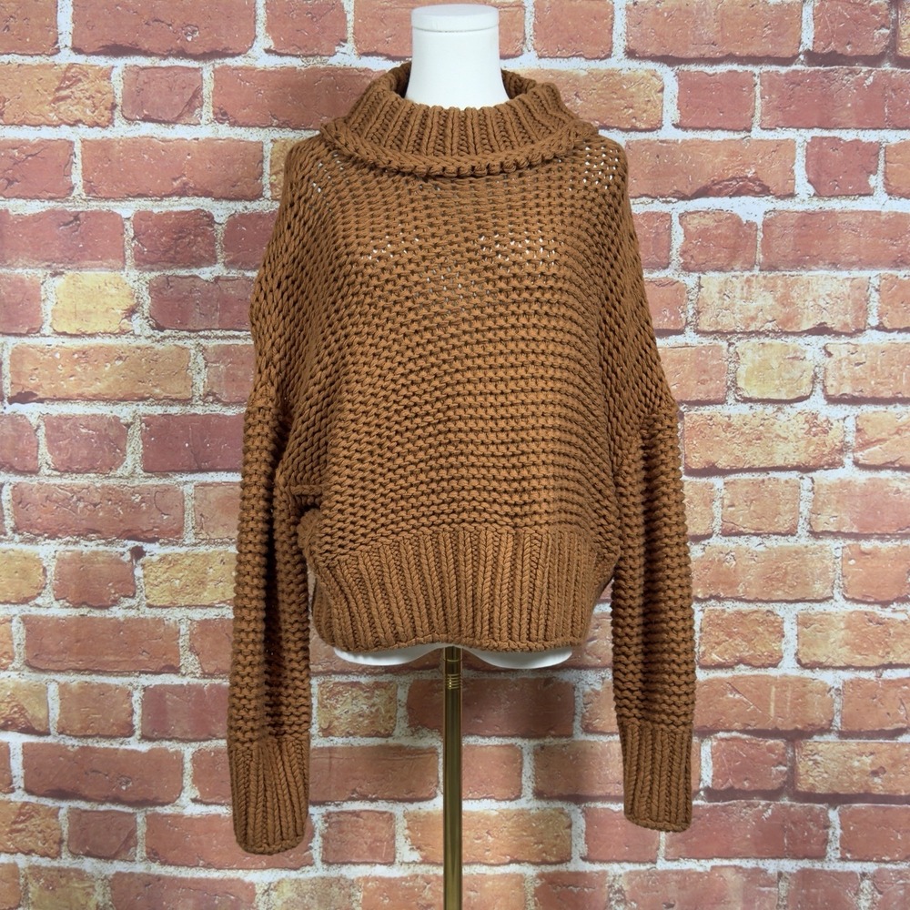 Free People Chunky Knit Cotton Pullover Sweater Brown Mock Neck Size S/P